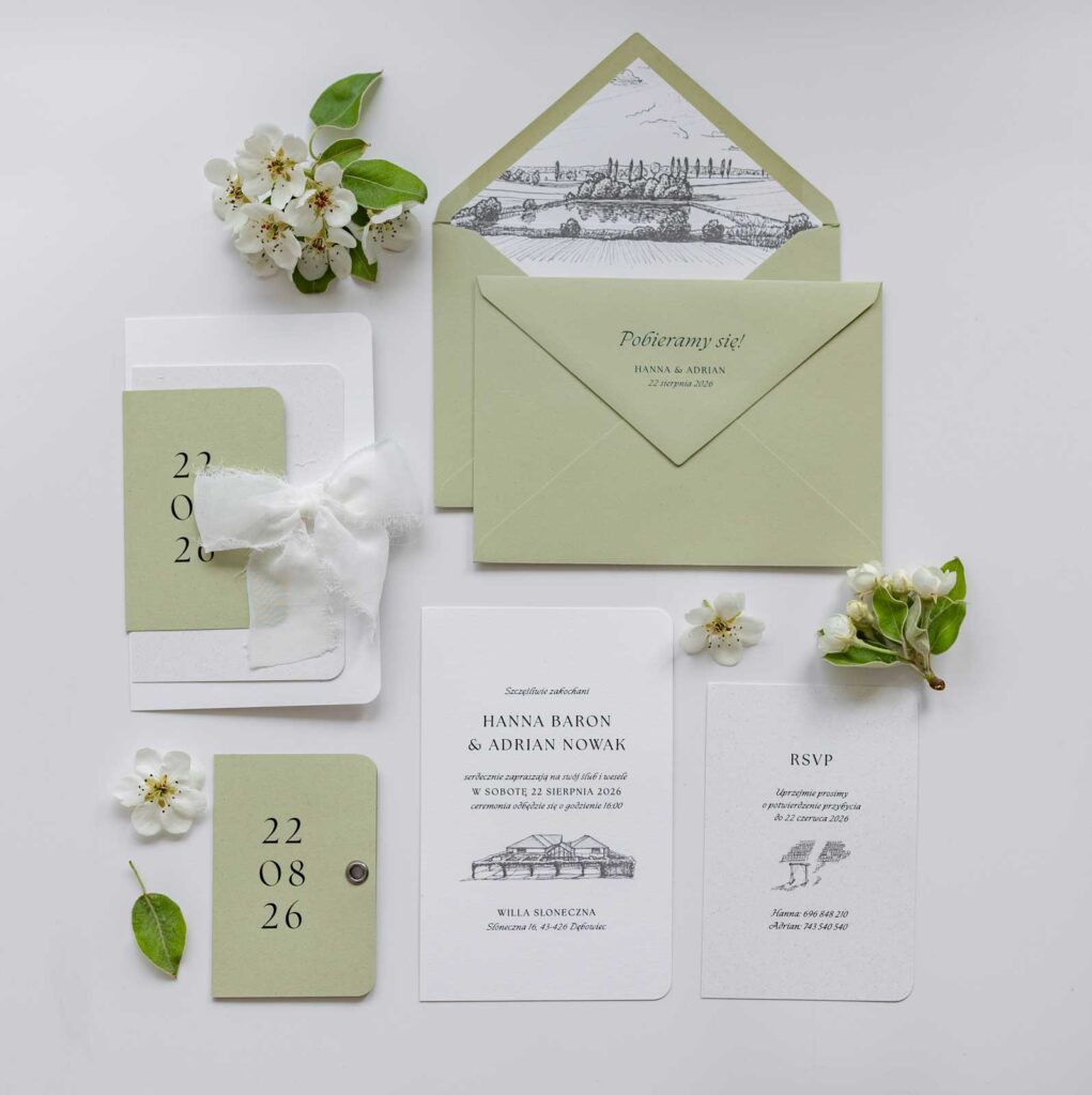 Zaproszenia weselne o barwach oliwkowej zieleni i bieli - Willa Słoneczna, na tle świeżych kwiatów
