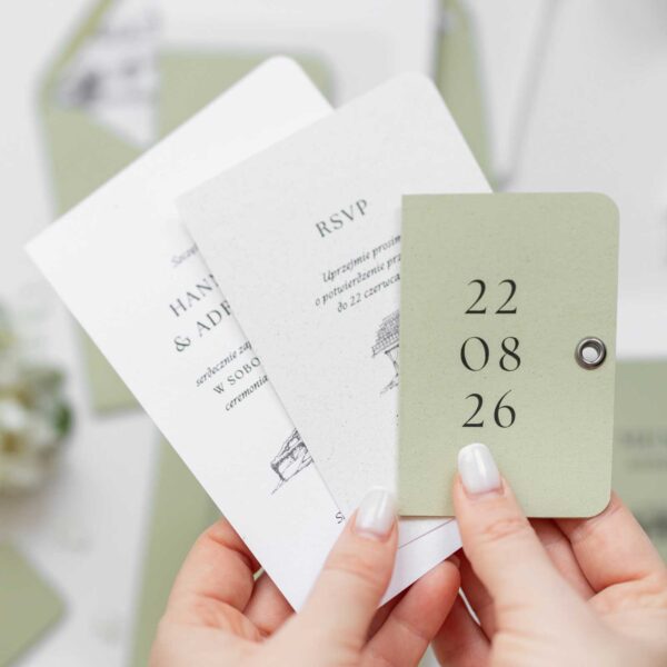 Minimalistyczne zaproszenie ślubne w barwach oliwkowej zieleni i bieli - Willa Słoneczna