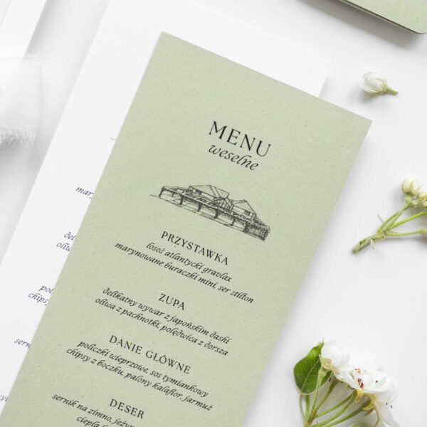 Menu weselne o barwach oliwkowej zieleni i bieli - Willa Słoneczna, na tle świeżych kwiatów