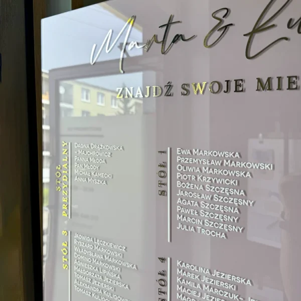 Weselny plan rozmieszczenia gości - złoto z różem na materiale PLEXI