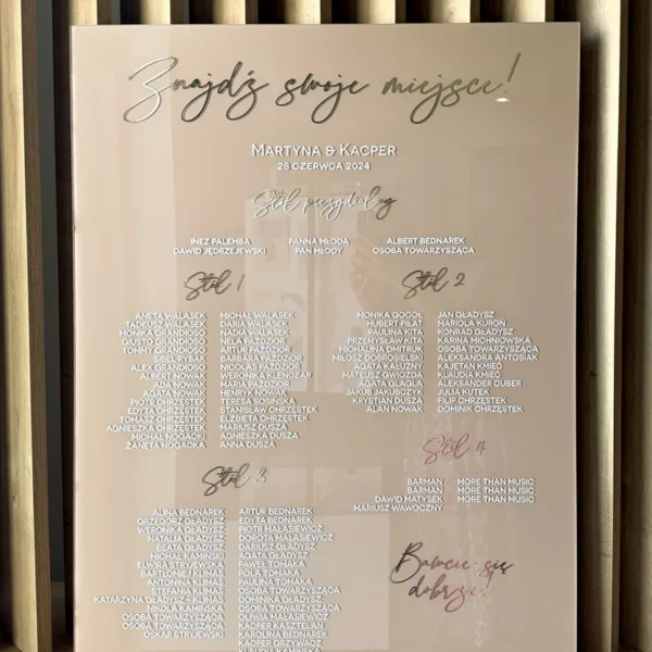 Weselny plan rozmieszczenia gości - złoto z beżem na materiale PLEXI