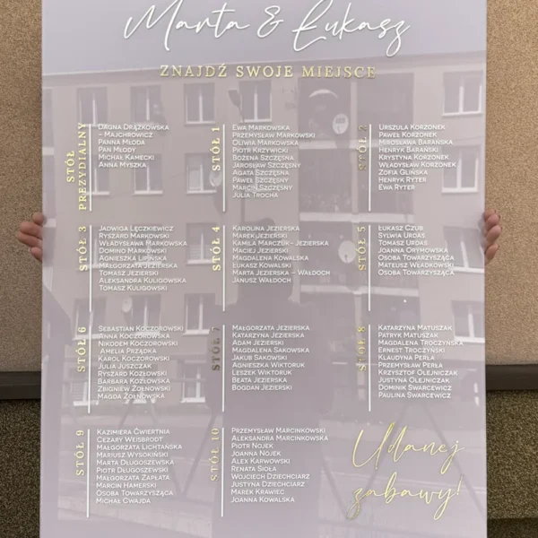 Weselny plan rozmieszczenia gości - złoto z różem na materiale PLEXI