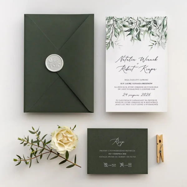 Zielona koperta z ozdobnym wnętrzem i lakową pieczęcią z motywem liści, dodająca elegancji zaproszeniu ślubnemu.