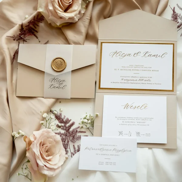 Wnętrze zaproszenia ślubnego Złoty Folder z tekstem w złotej ramce na satynowym papierze.