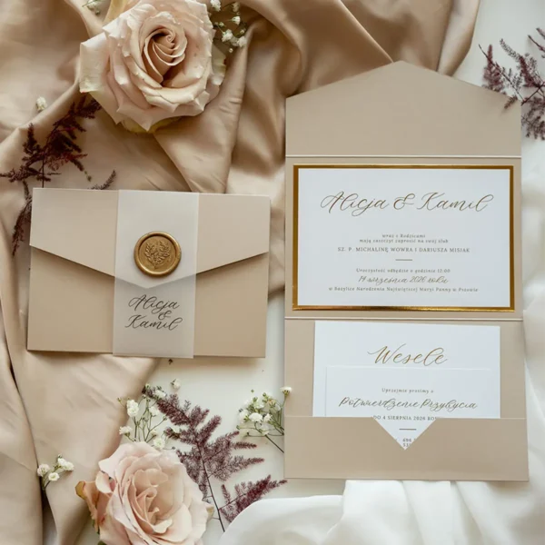 Rozłożone zaproszenie ślubne Złoty Folder prezentujące eleganckie wnętrze i staranne detale.