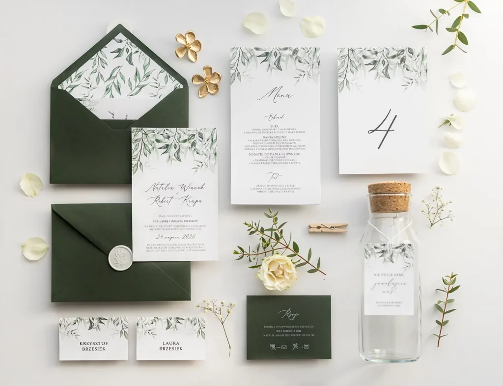 Elegancka kolekcja papeterii ślubnej w zielonej kolorystyce z motywem liści, prezentująca zaproszenia, winietki, menu i zawieszki na alkohol.
