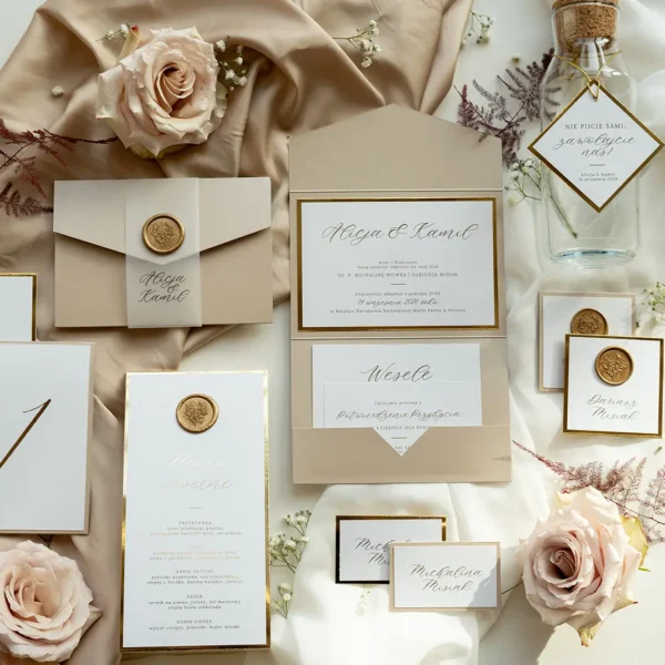Pełny zestaw papeterii ślubnej Złoty Folder z zaproszeniem, winietkami, menu i dodatkami w złotych detalach.