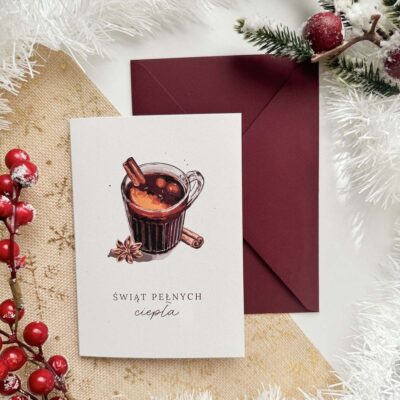 Elegancka kartka świąteczna z burgundowymi akcentami i kopertą