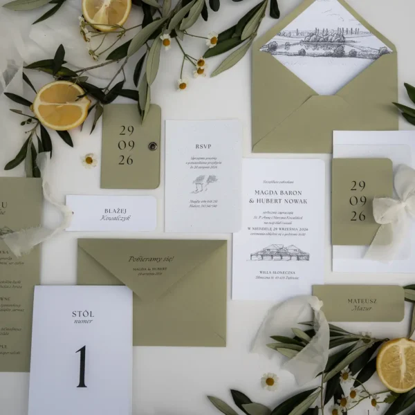 Zestaw eleganckich elementów papeterii ślubnej, w tym zaproszeń, menu i winietek, udekorowanych liśćmi oliwnymi i cytrynami.
