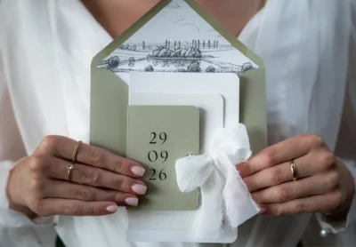 Eleganckie zaproszenie ślubne z datą i dekoracyjną ilustracją Willi Słoneczna, trzymane przez kobietę