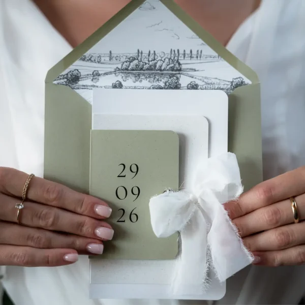 Eleganckie zaproszenie ślubne z datą i dekoracyjną ilustracją Willi Słoneczna, trzymane przez kobietę