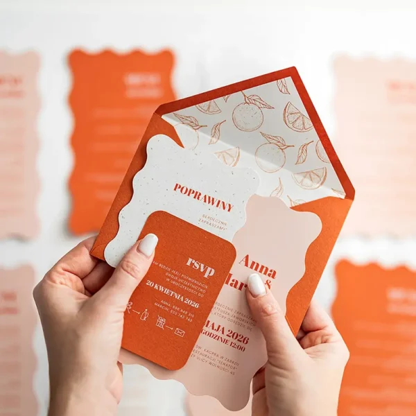 komplet zaproszeń ślubnych sycylia w kolorze pomarańczowym z elegancką kopertą