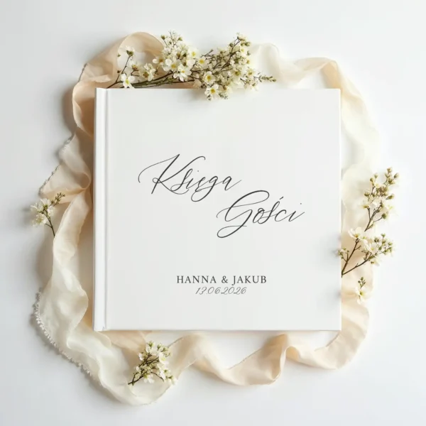 Księga gości w postaci białego albumu z ozdobnymi kaligraficznymi napisami