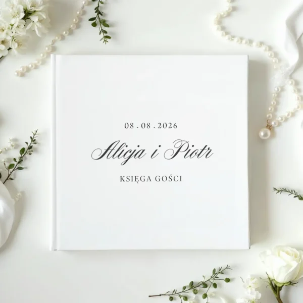Biała księga gości w formie albumu z imionami Pary Młodej