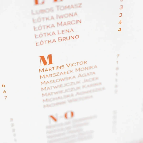 Plan stołów weselnych z zestawu Sycylia zbliżenie pod kątem na nadrukowany tekst