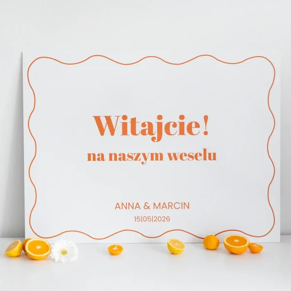 Tablica powitalna z kolekcji Sycylia w kolorze białym z falowanym wzorem w kolorze pomarańczowym