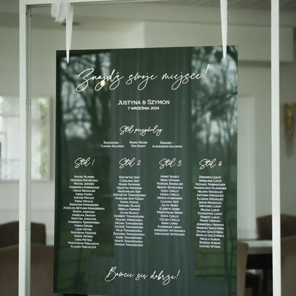 Plan stołów glamour ze złoconymi napisami i tłem w kolorze butelkowej zieleni