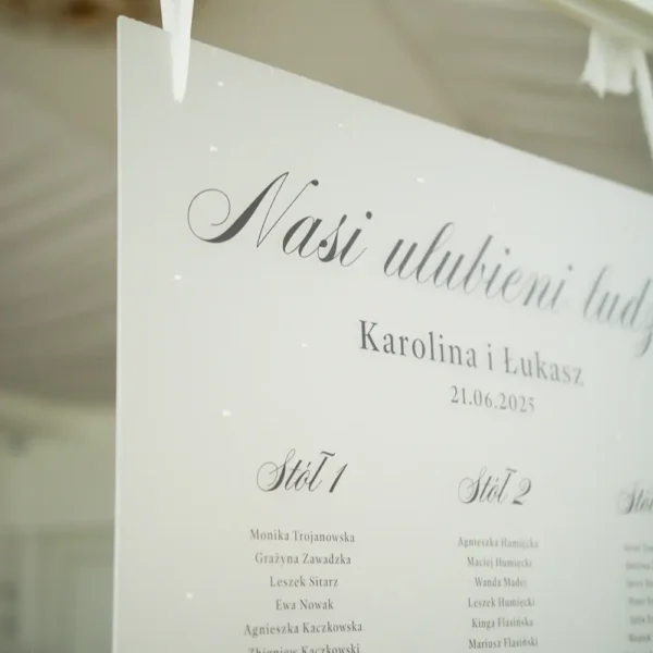 Układ stołów weselnych ozdobiony perełkami