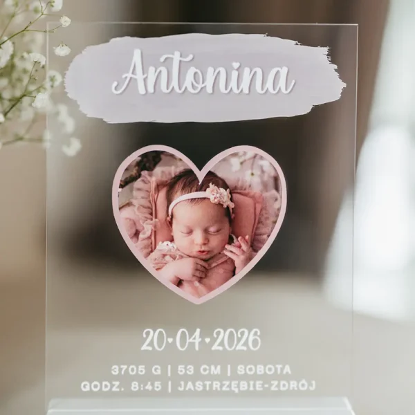 Metryczka na plexi ze zdjęciem różowa