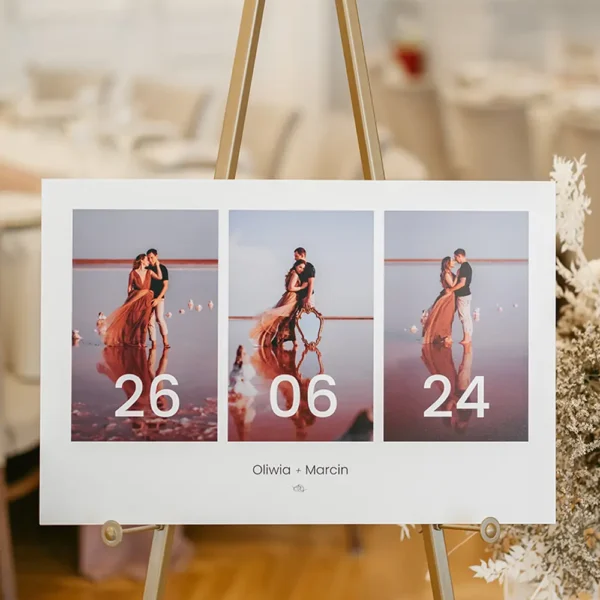 Nowoczesna tablica powitalna ze zdjęciami na sztaludze