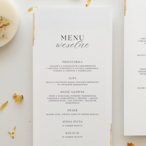 Karta menu weselnego z eleganckim fontem i złotymi akcentami w narożnikach, z kolekcji Zamek Chałupki