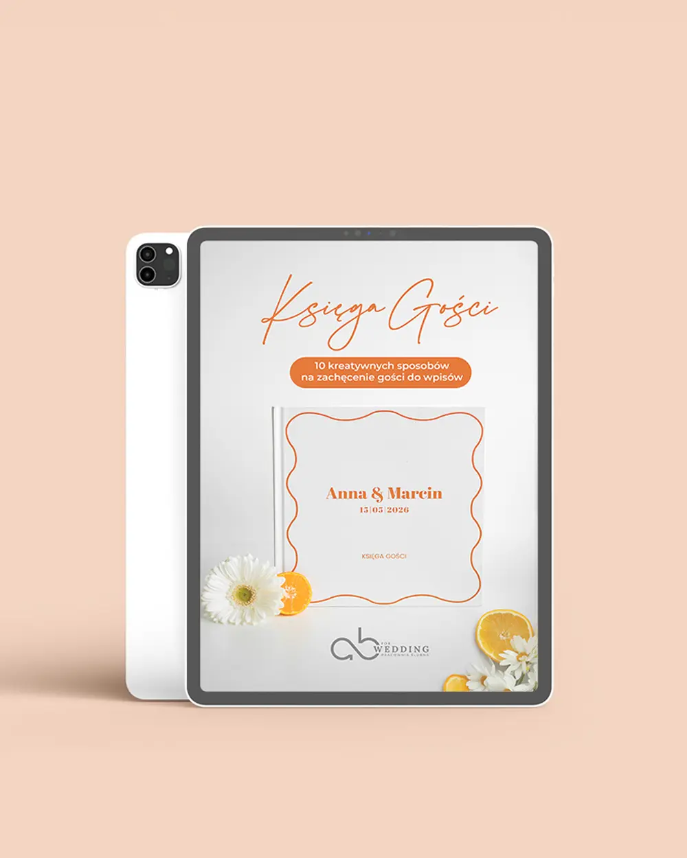E-book o księdze gości weselnych z grafiką w odcieniach brzoskwiniowych.
