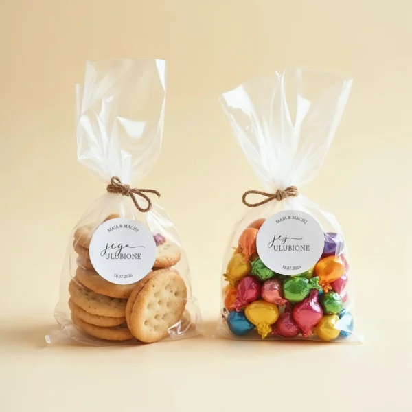 Podziękowania dla gości weselnych: ciasteczka i kolorowe cukierki w woreczkach z naklejkami.