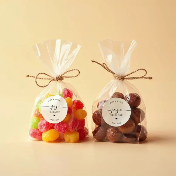 Podziękowania dla gości weselnych: żelki i czekoladki zapakowane w celofanowe woreczki.