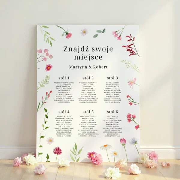 Plan stołów weselnych według numerów stołów, ozdobiony pastelowymi kwiatami.