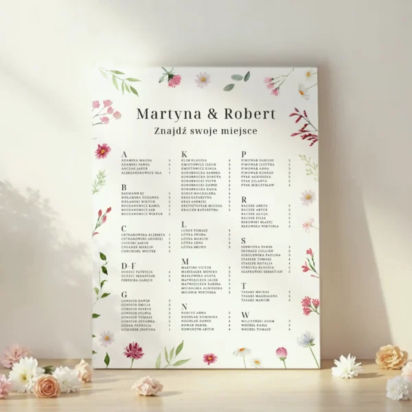 Plan stołów weselnych w układzie alfabetycznym z kwiatową dekoracją.