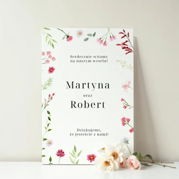 Tablica weselna z kwiatowym motywem i napisem "Serdecznie witamy na naszym weselu" z imionami nowożeńców.