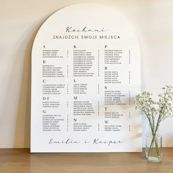 biały plan stołów o zaokrąglonym kształcie z napisem „Kochani, znajdźcie swoje miejsca”, ułożony na półce z małym wazonem z białymi kwiatami.
