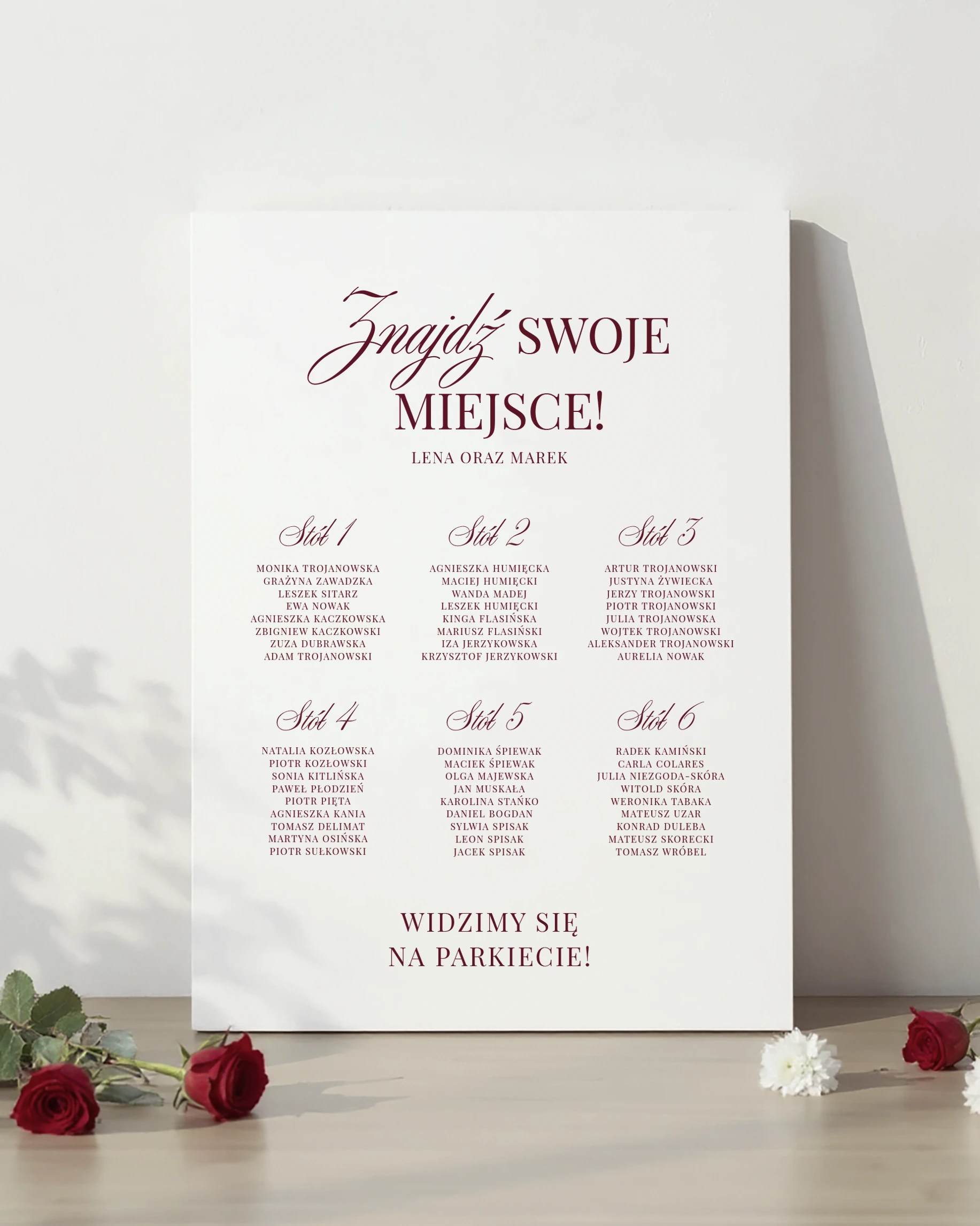 plan stołów burgundowy z podziałem na numery stołów w eleganckim bordowym stylu