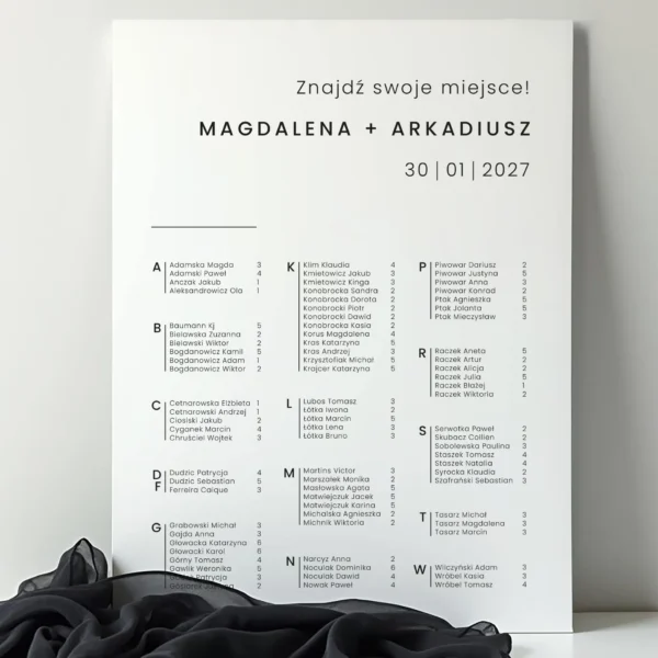 biały plan stołów z podziałem alfabetycznym
