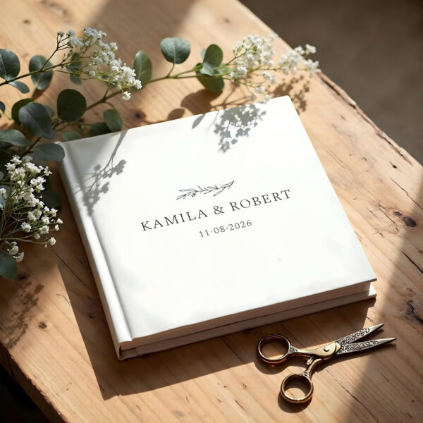 księga gości Vintage w białej oprawie z czarnym napisem, otoczona gałązkami gipsówki na drewnianym stole.