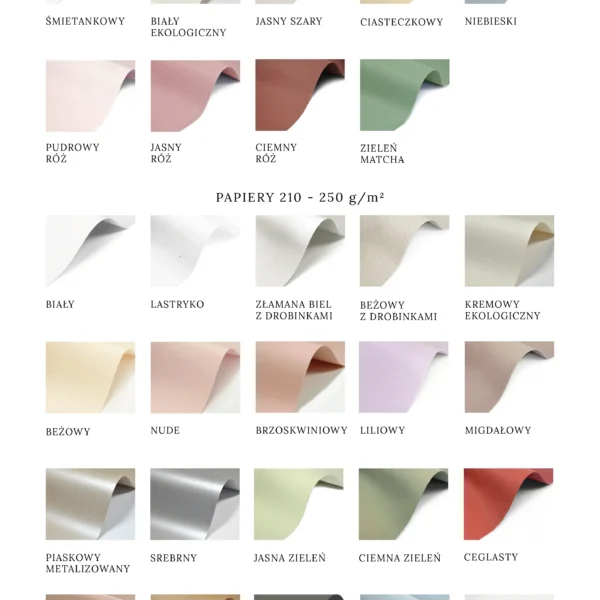 wzornik kolorów papierów do papeterii ślubnej z różnymi eleganckimi odcieniami