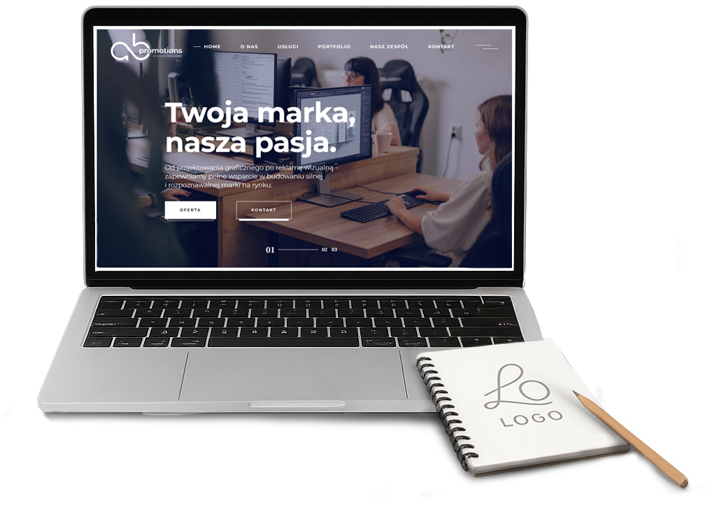 makieta laptopa i notatnika promująca studio reklamowe AB Promotions