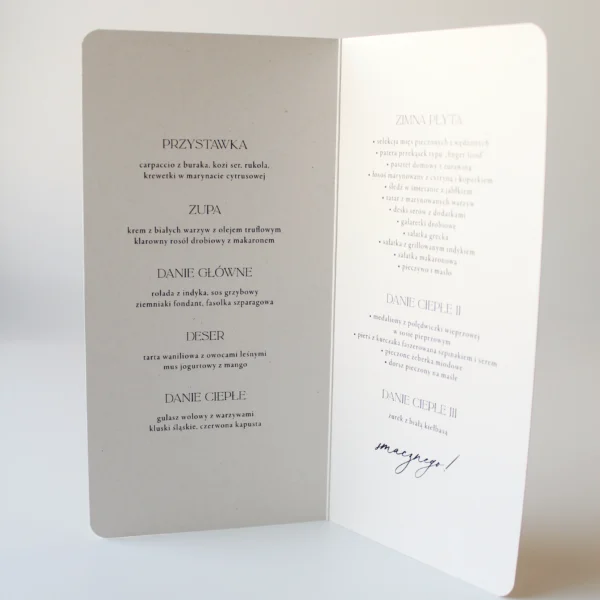otwierane menu weselne w białej ekologicznej wersji z zaokrąglonymi rogami