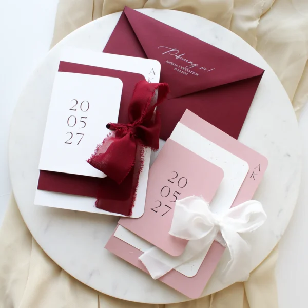 Zaproszenia ślubne w różowym i bordowej kolorystyce