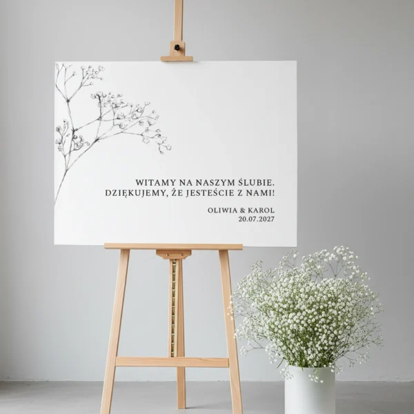 Tablica powitalna ślubna z motywem roślinnym i minimalistyczną typografią