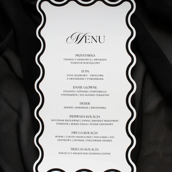 Czarne menu Modern Wave z eleganckim, falowanym brzegiem i klasycznym układem tekstu.