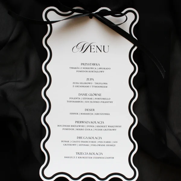 Czarna karta menu Modern Wave z ozdobną falowaną ramką i czarną kokardką na górze.