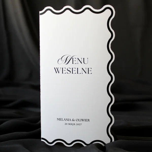 Czarne menu Modern Wave z falowaną ramką i winietką ułożoną obok, na czarnym tle.