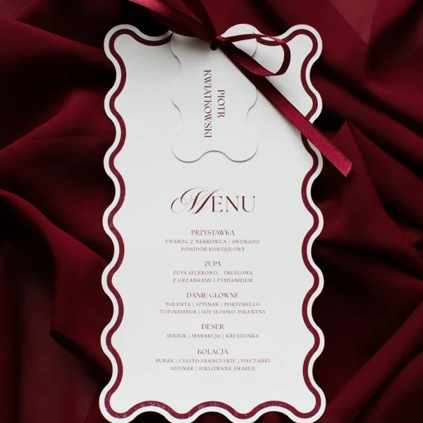 Menu weselne i winietka z kolekcji Modern Wave, z charakterystycznym falowanym kształtem.