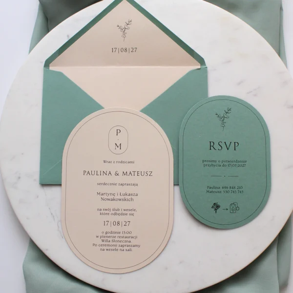 eleganckie zaproszenie ślubne Eukaliptus w kształcie łuku z motywem gałązki i stonowaną kolorystyką matcha oraz beżu