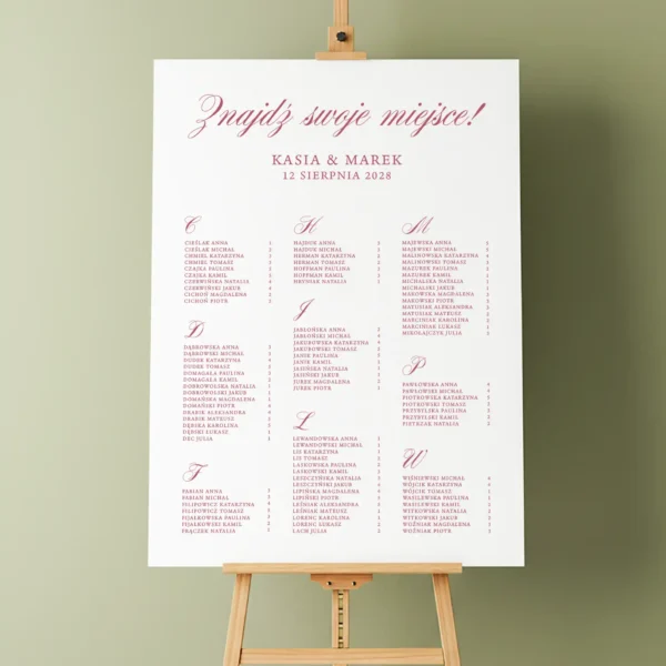 Plan stołów Forest w wersji alfabetycznej, z delikatną różową typografią i eleganckim układem listy gości