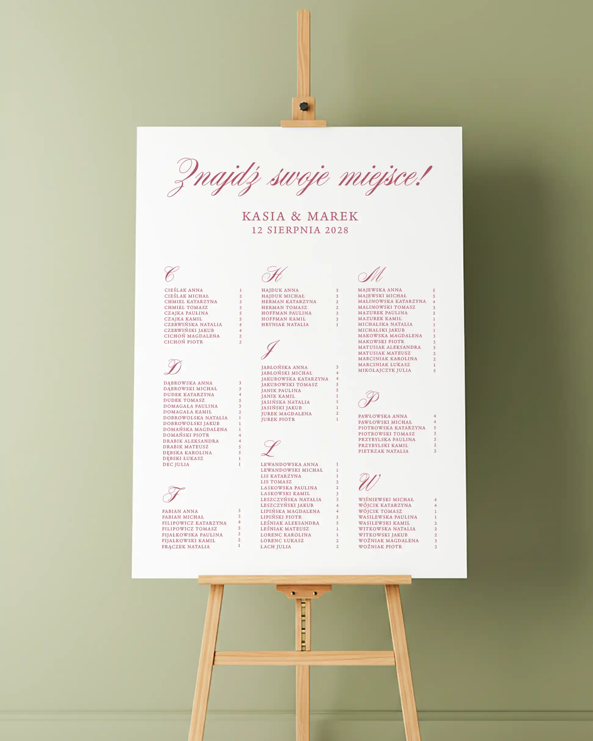 Plan stołów Forest w wersji alfabetycznej, z delikatną różową typografią i eleganckim układem listy gości