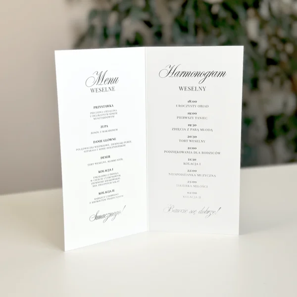 Wnętrze otwieranej książeczki z menu weselnym i harmonogramem przyjęcia w eleganckim stylu.
