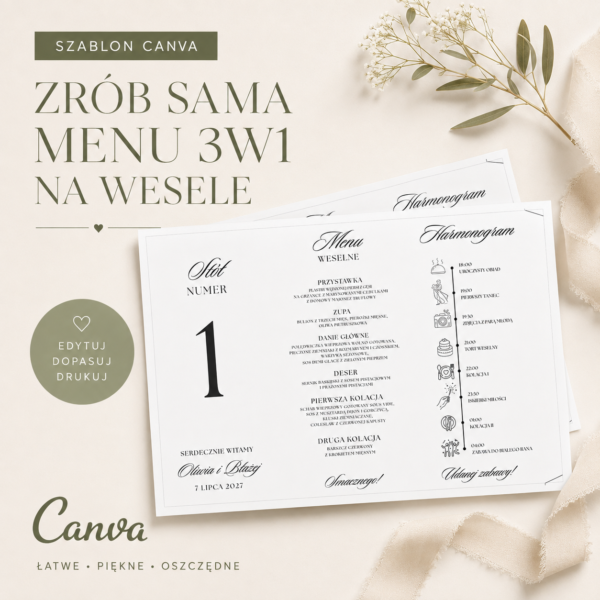 menu 3w1 na wesele – szablon Canva